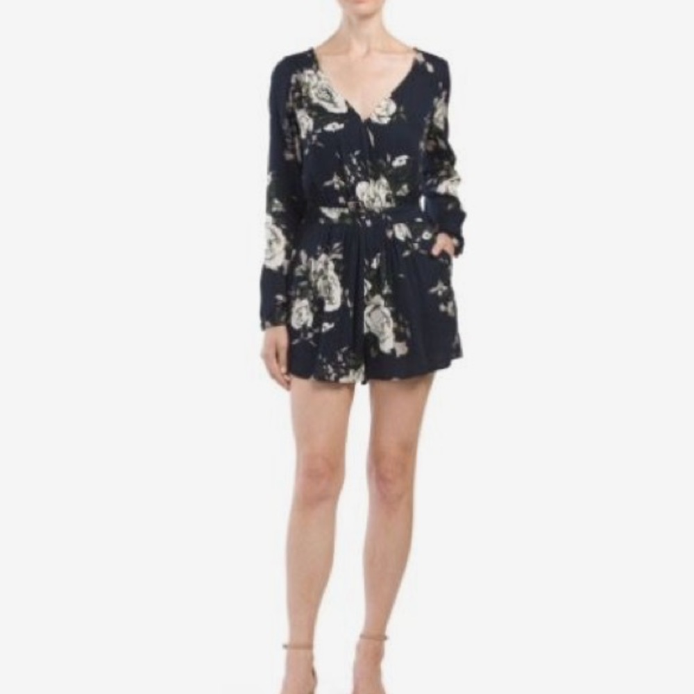 Navy Blue and White Floral Long Sleeved Romper
